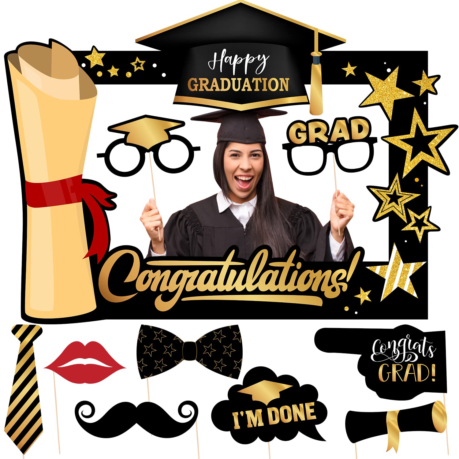 Black and Gold Graduation Decorations Class of 2025 Photo Booth Props Black Congratulations Graduation Frame and Photo Props for Graduation Party Supplies