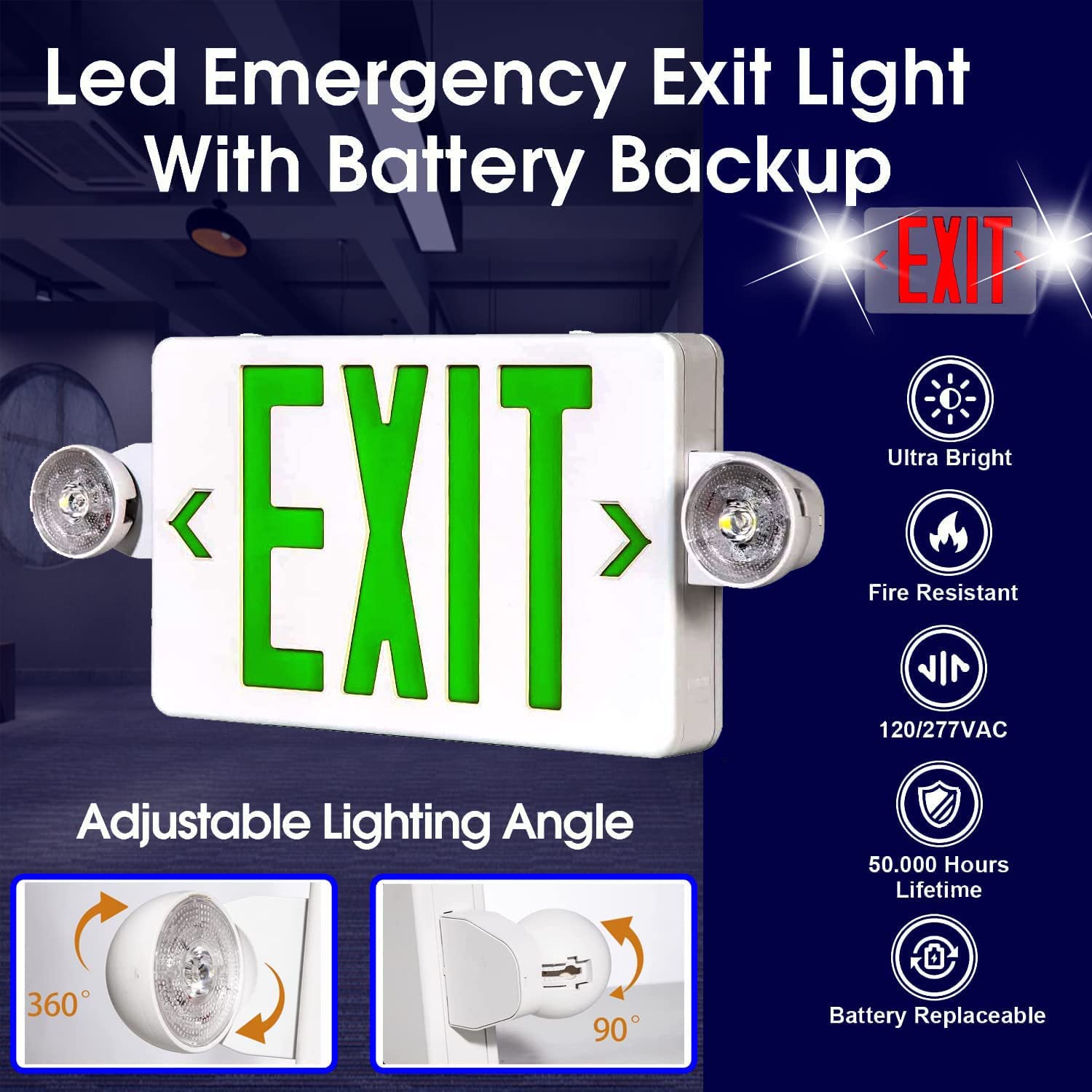 LED Exit Sign with Emergency Light, Double Sided Green with Battery Backup, Rotatable Light Head, AC 120V/277V, UL Listed Commercial LED Emergency Exit Light (2Pack, Green)