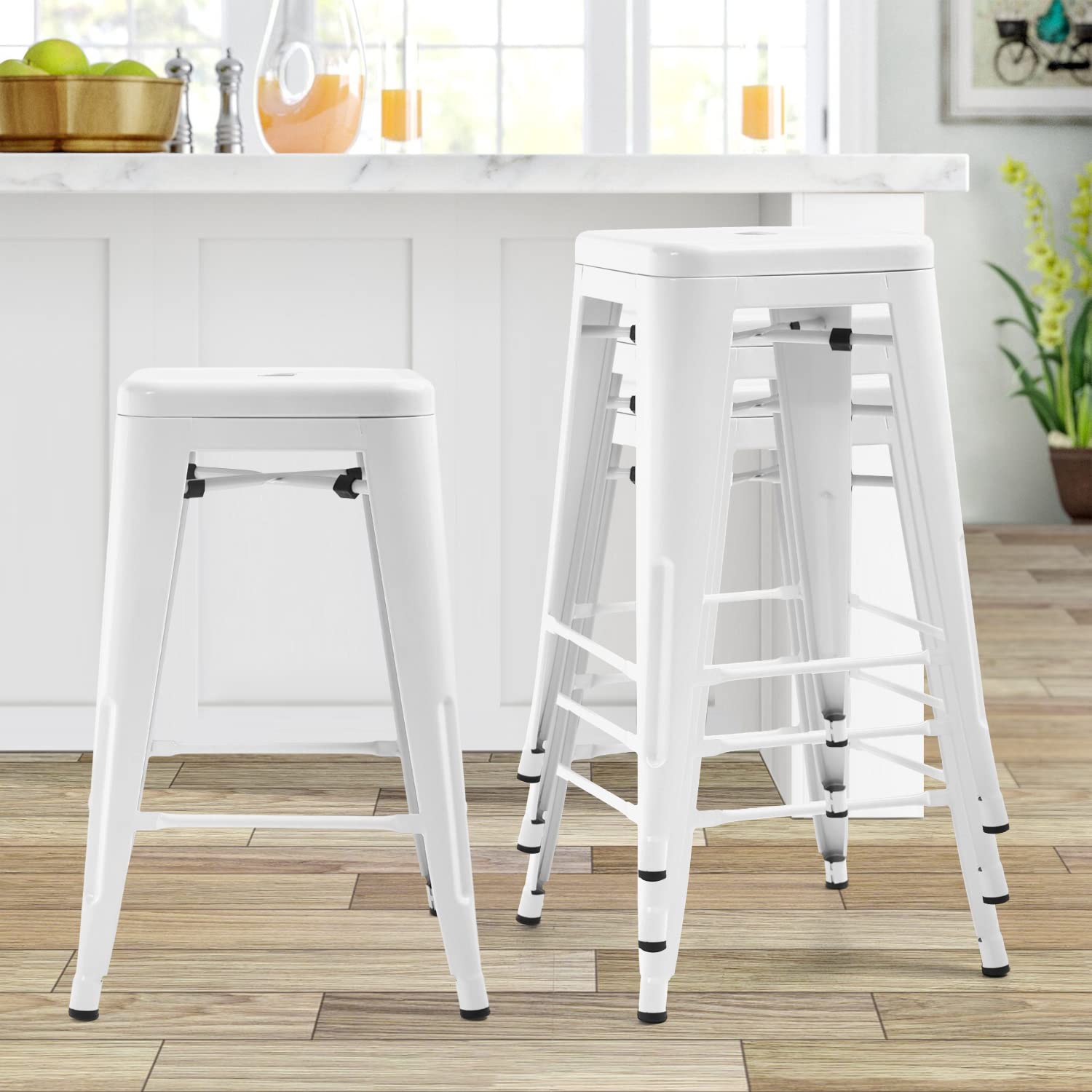 BLKMTY Metal Stools Set of 4 Stoolseating 24 Inch Bar Stools Counter Height Barstool Stackable Barstools Outdoor Patio Bar Stool Home Kitchen Dining Stool Backless Indoor Bar Chair, White