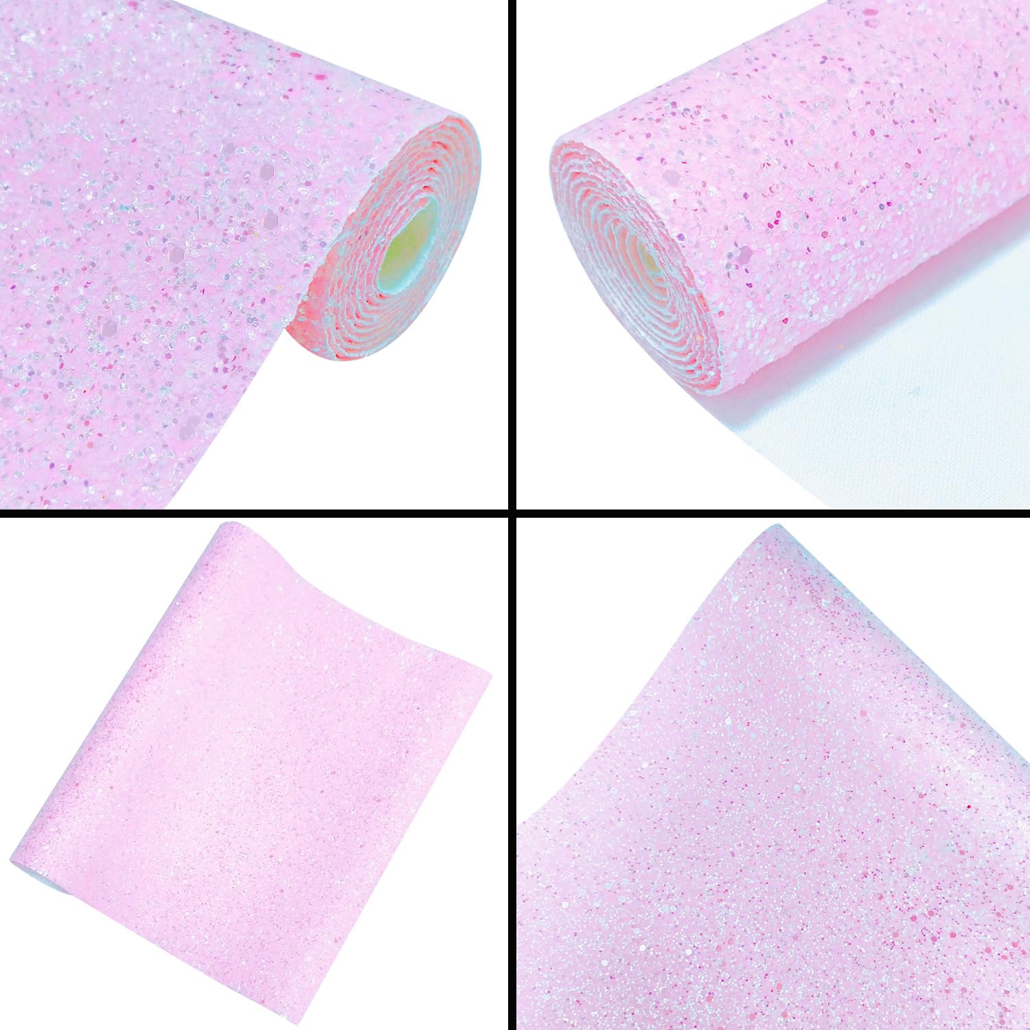 Greatdiy Sparkly Soft Pink Chunky Glitter Faux Leather Roll 12 x 52 inch Shiny Solid Color Synthetic Leatherette PU Fabric for Bows Earrings (17015#7)