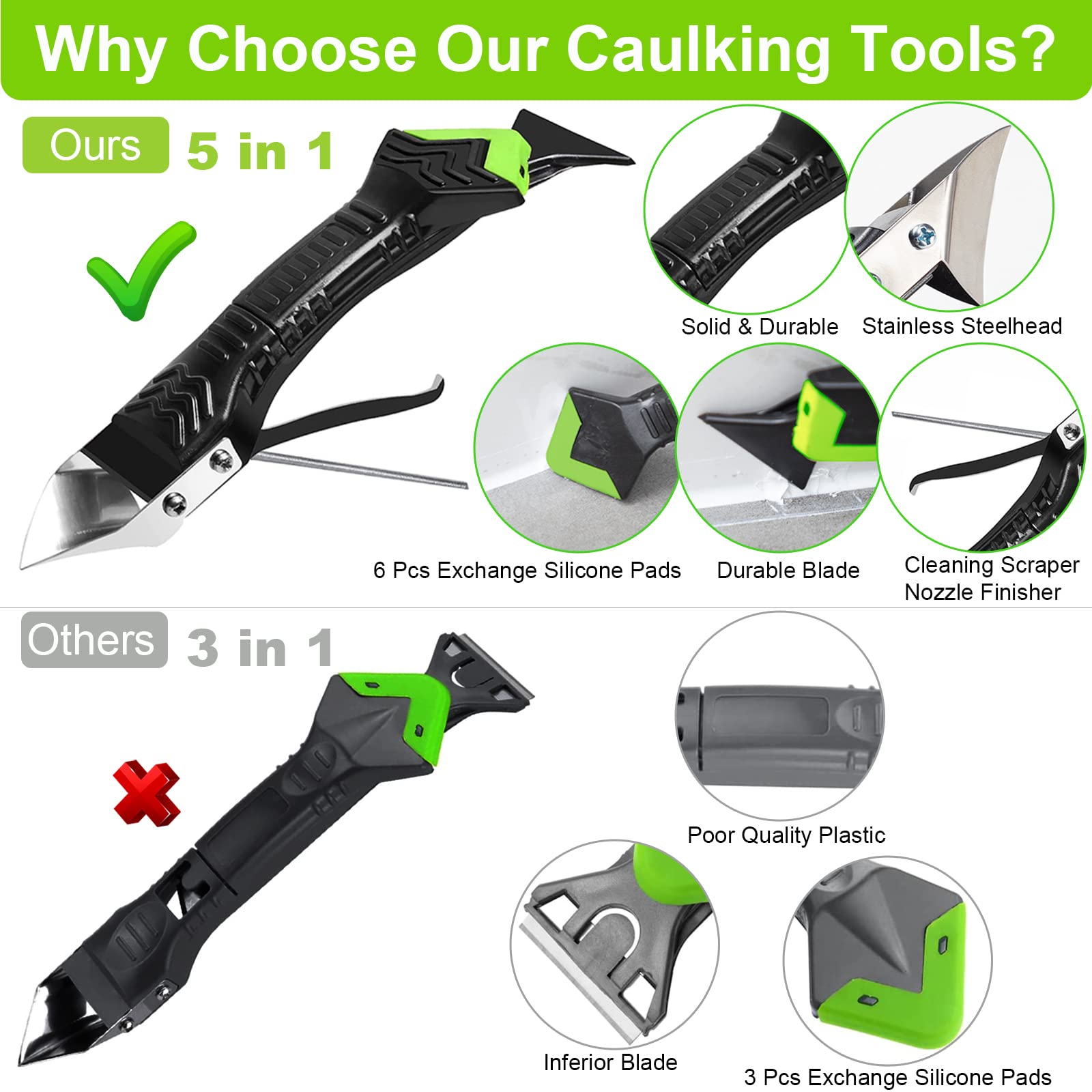 Caulking Tool 5 in 1 Silicone Caulking Grout Removal Tool Sealant Finishing Tool with Grout Scraper, 6 Exchange Silicone Pads, Adhesive Residue Scraper Seam Repair Tool Kit for Kitchen Bathroom