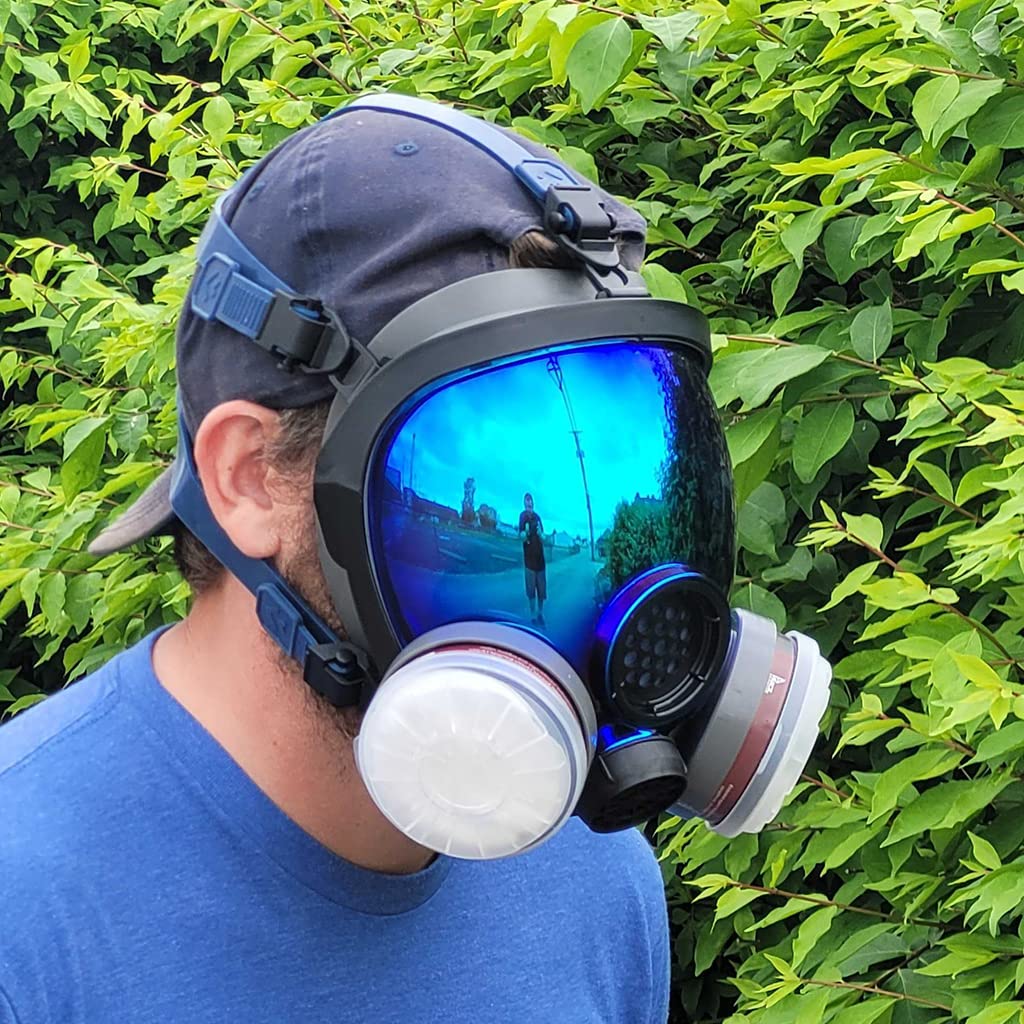 PD-100 Arctic Blue Mirrored Full Face Organic Vapor & Particulate Respirator - Dual Activated Charcoal Filtration - Full Face Eye Protection Mask