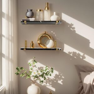 Godimerhea Floating Shelves for Wall Set of 2 Gold Black Floating Shelves Wall Mount Wood Storage Organzier Wall Shelf with Gold Brackets for Living Room Bedroom Bathroom Kitchen