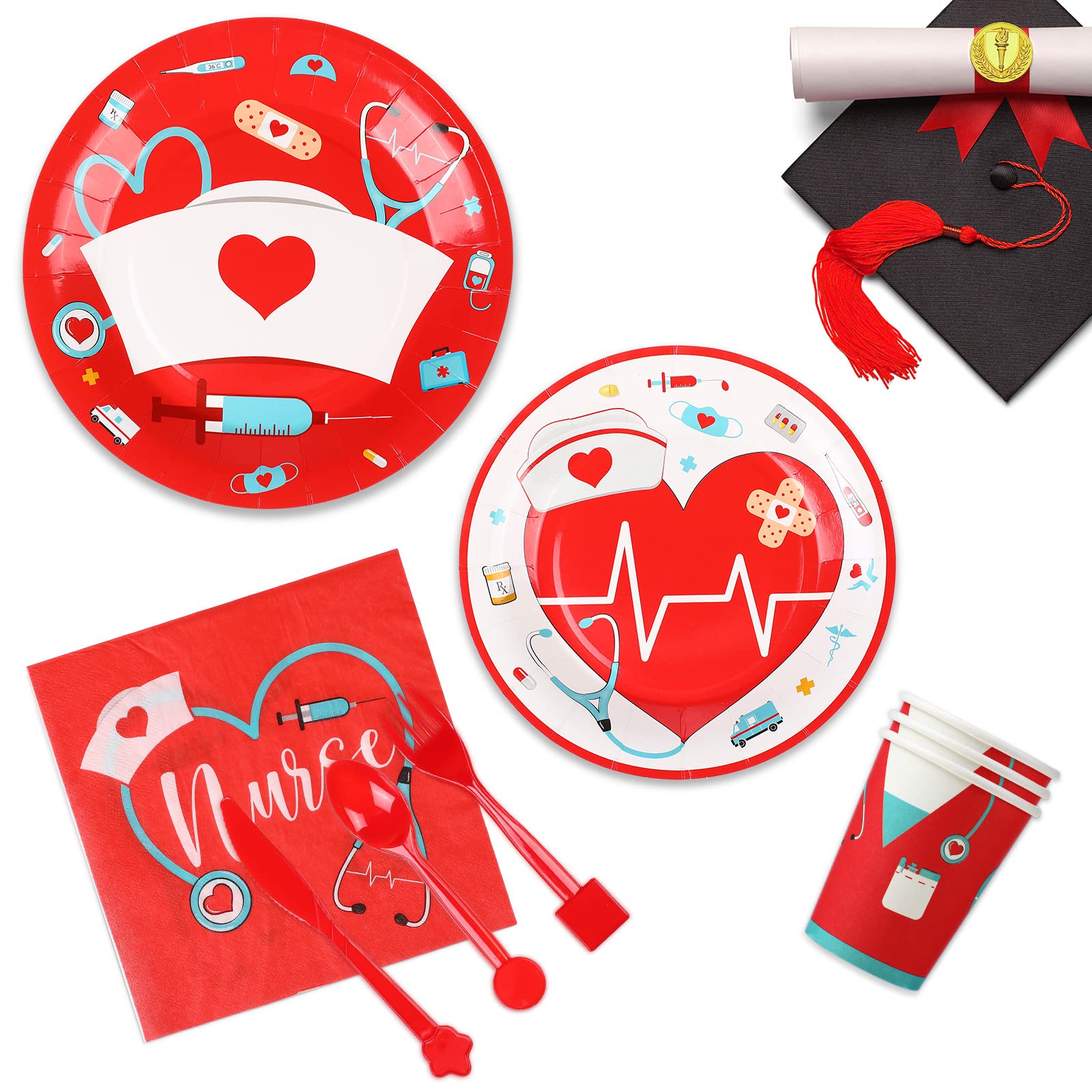 168 Pcs Nurse Graduation Party Decorations, Doctor Nurse Medical Birthday Party Tableware Set 24 Guests Dinner Dessert Plates Cups Napkins for Doctors Day Nursing School Office Party Supplies (Red)