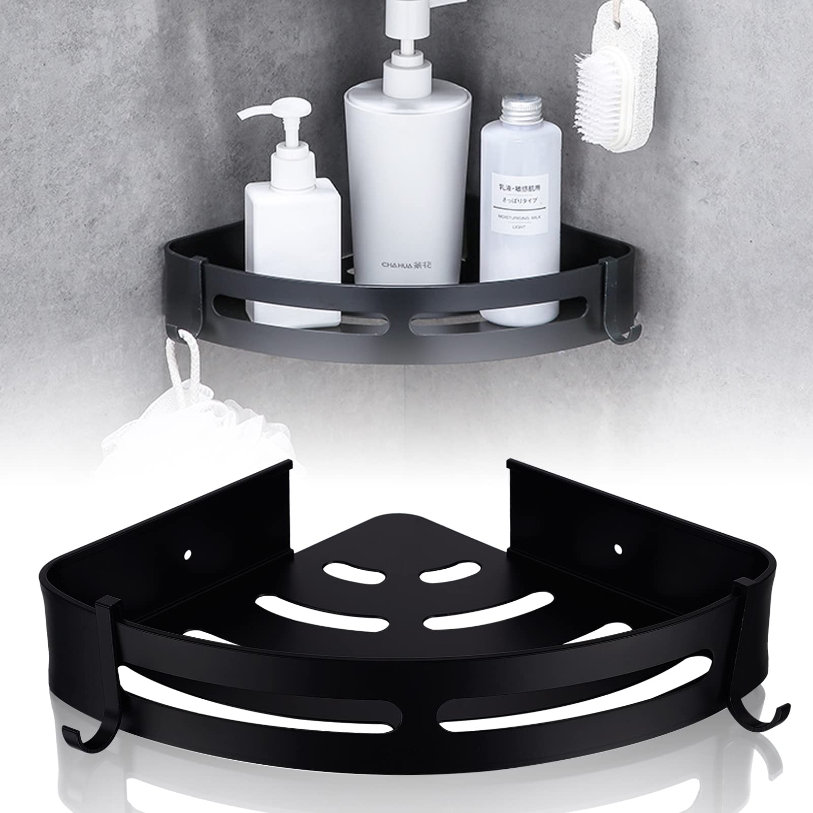 runmade 2 Pack Corner Shower Shelf Caddy Wall Mounted Organization Bathroom Basket Storange Shelves Triangle Shampoo Holder With 4 Hooks Matte Black