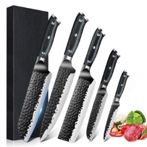 dfito 5 pieces chef knife set, hand forged japanese knife set with gift box, ultra sharp professional knife set, high carbon stainless steel with pakkawood handle for home kitchen restaurant