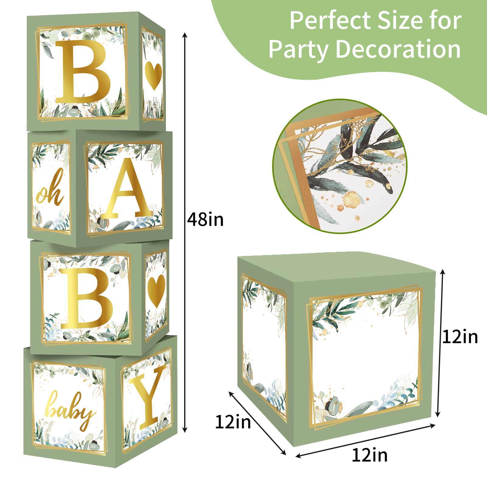 RUBFAC Sage Green Baby Boxes with Letters for Baby Shower, 4pcs Safari Baby Shower Decorations for Boy Girl Balloon Boxes Gender Reveal Baby Shower Birthday Party Favors