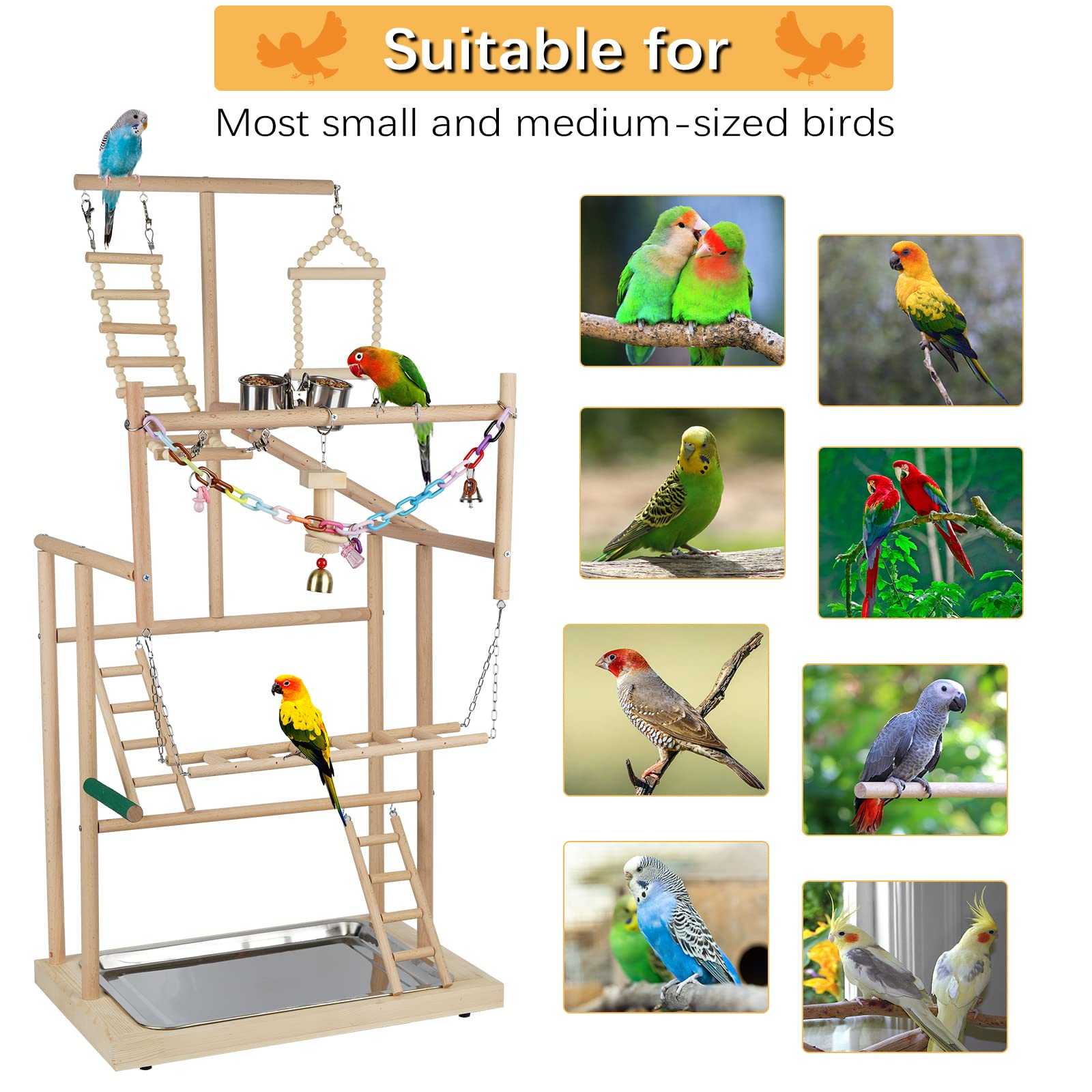 Ibnotuiy Pet Parrot Playstand Parrots Bird Playground Bird Play Stand Wood Perch Gym Playpen Ladder with Feeder Cups Bells for Cockatiel Parakeet (4 Layers)