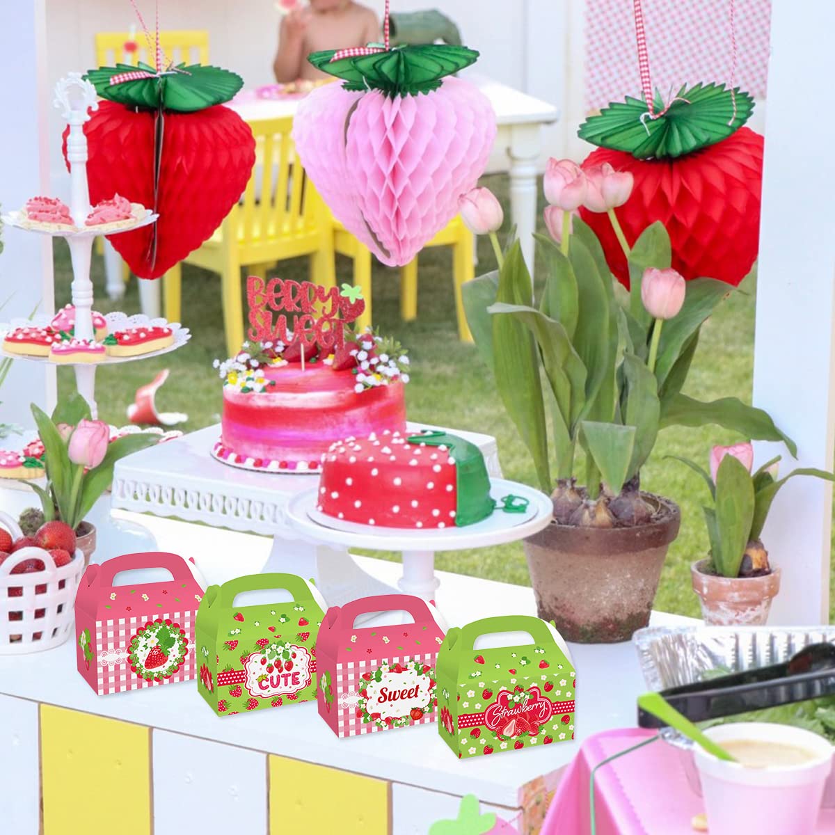 CIEOVO 24 Pack Strawberry Party Cardboard Treat Box Cute Fruit Strawberry Party Favor Boxes Goody Bags Treat Boxes for Sweet One Strawberry Theme Birthday Baby Shower Supplies