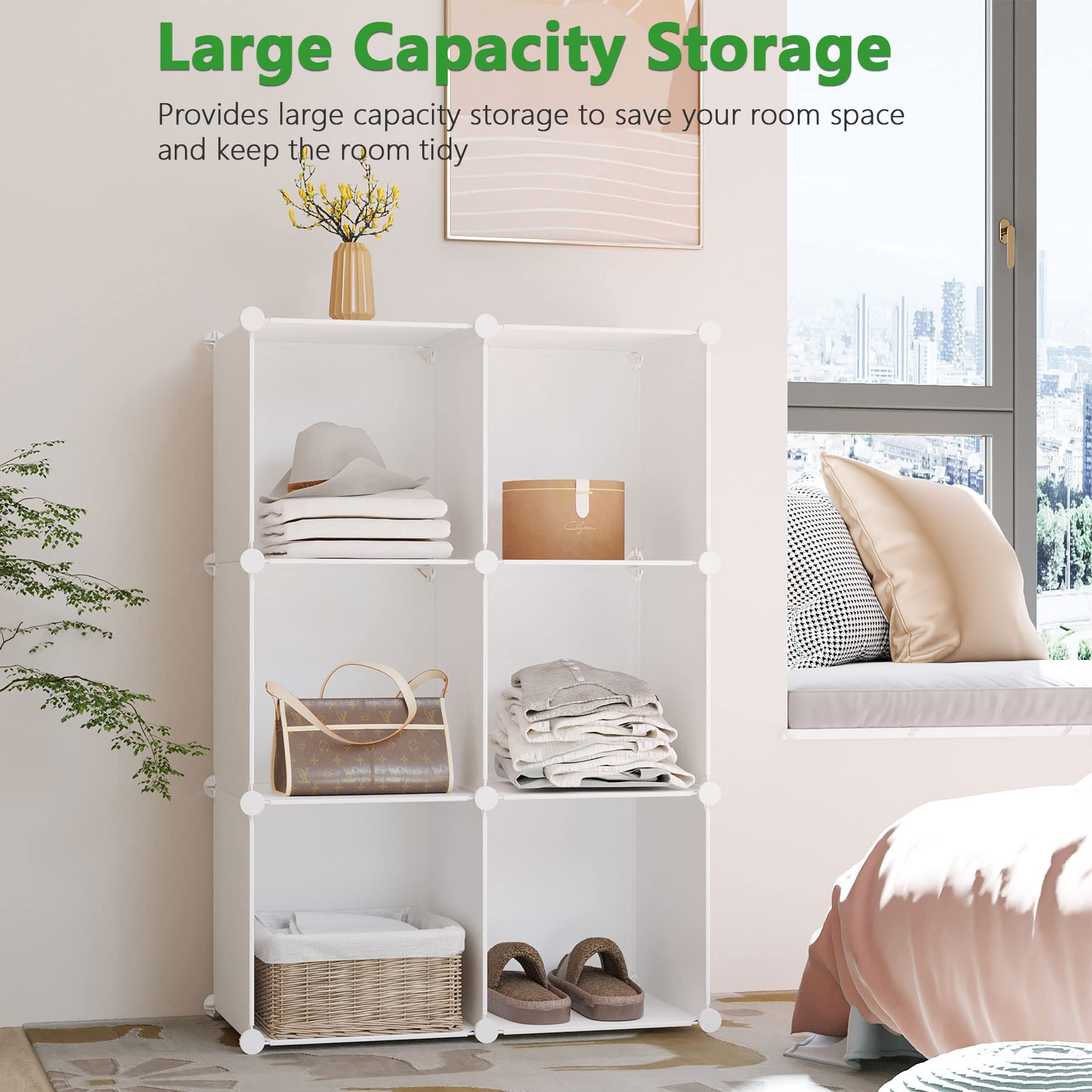 C&AHOME Cube Storage Organizer, 6-Cube Shelves Units, Closet Cabinet, DIY Plastic Modular Book Shelf, Ideal for Bedroom, Living Room, Office, 36.6" L x 12.4" W x 36.6" H Milky UPCS06M