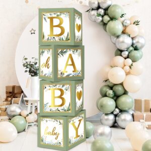 rubfac sage green baby boxes with letters for baby shower, 4pcs safari baby shower decorations for boy girl balloon boxes gender reveal baby shower birthday party favors