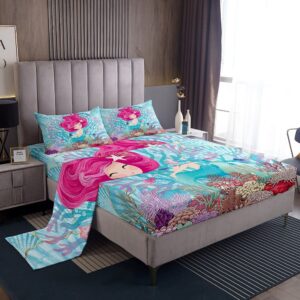 mermaid sheet set twin,seaweed coral fish scales bedding set for kids teens girls,underwater marine life sea blue dreamy bed sheet set 3pcs with deep pocket fitted sheet + flat sheet + 1 pillowcase