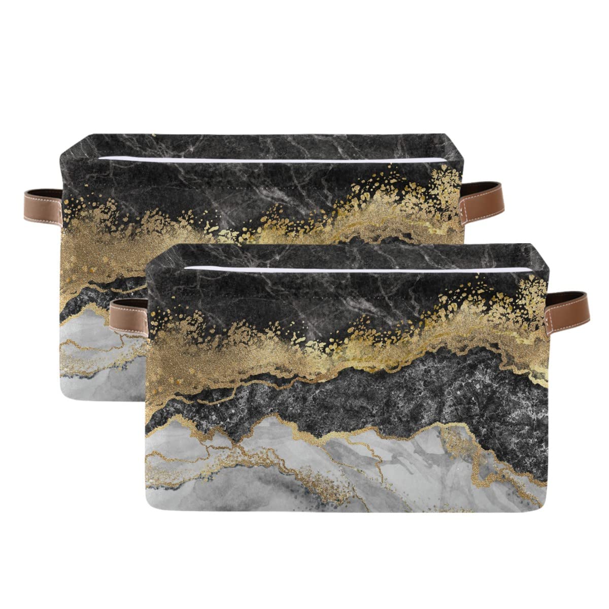 Gold Black Marble Square Storage Basket Storage Bins Canvas Storage Organizer Closet Shelf Organizer for Home Office, 2 Pc