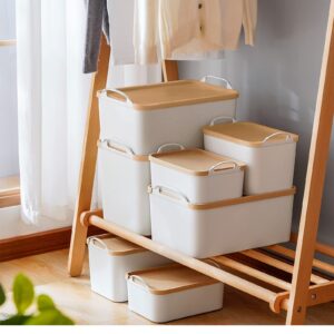 ANMINY 8PCS Plastic Storage Bins Containers with Lids, Large White Storage Organization Bins Boxes, Lidded Plastic Storage Baskets for Closet Shelves Drawers Desktop Home Office, Wheat Lids