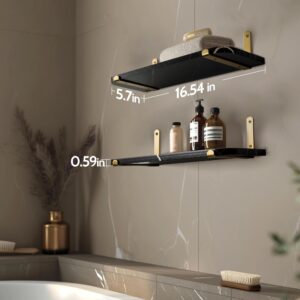 Godimerhea Floating Shelves for Wall Set of 2 Gold Black Floating Shelves Wall Mount Wood Storage Organzier Wall Shelf with Gold Brackets for Living Room Bedroom Bathroom Kitchen