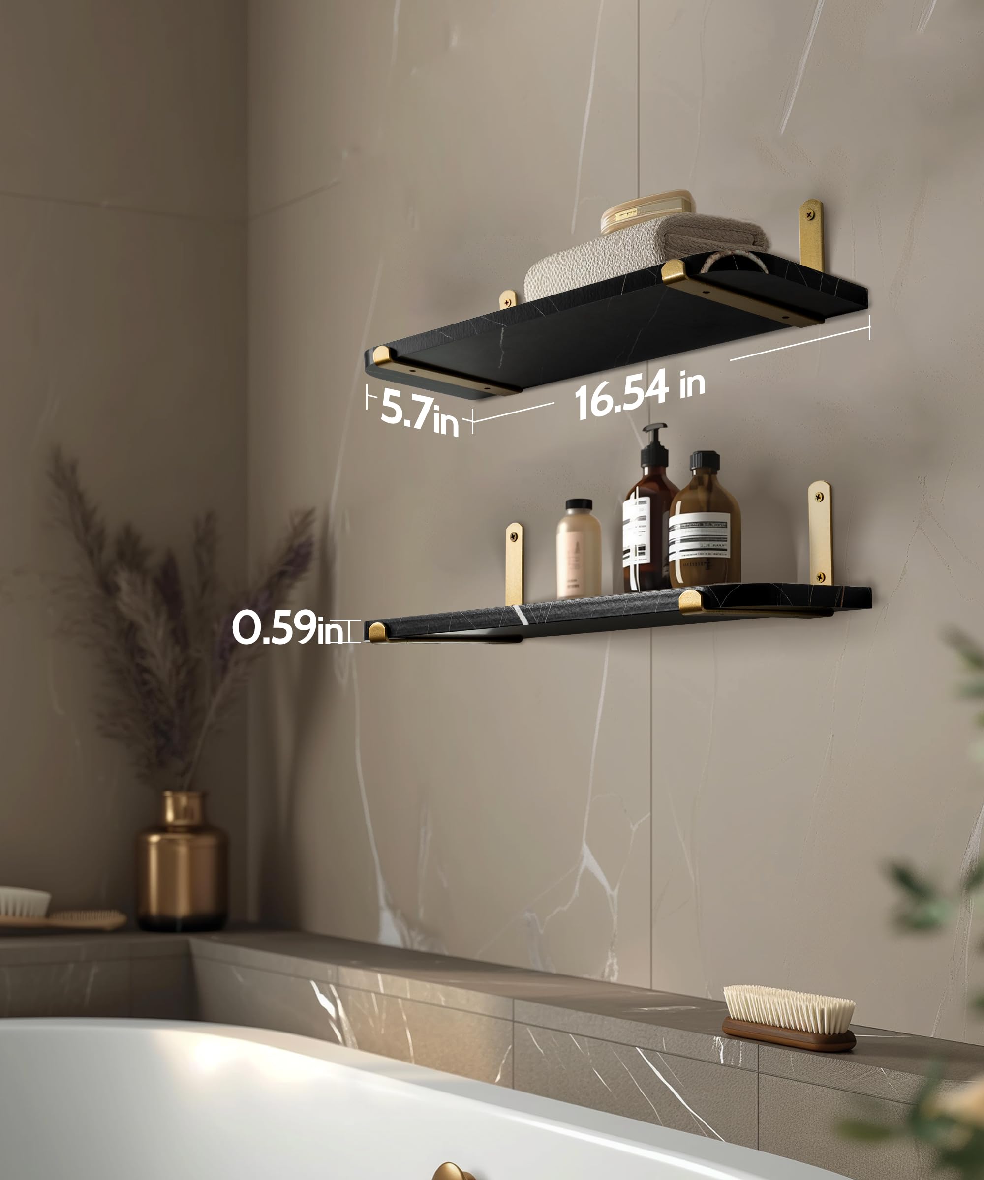 Godimerhea Floating Shelves for Wall Set of 2 Gold Black Floating Shelves Wall Mount Wood Storage Organzier Wall Shelf with Gold Brackets for Living Room Bedroom Bathroom Kitchen