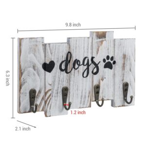 MyGift Wall Mounted Dog Leash Holder, 4-Hook Rustic Whitewashed Wood Hanging Key Hook Rack with Cursive Dogs Label, Heart and Paw Print Decals