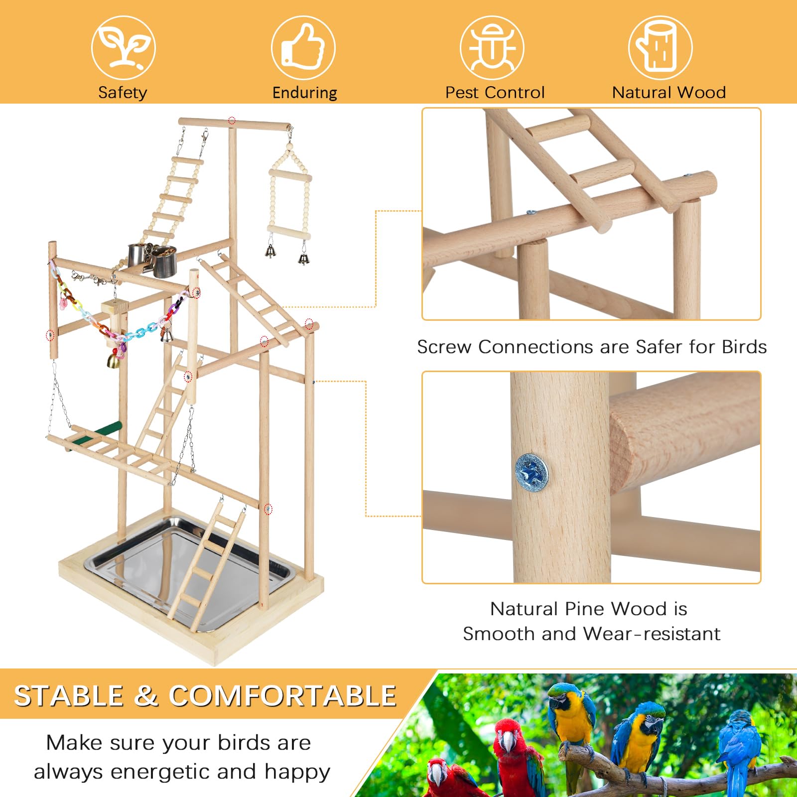 Ibnotuiy Pet Parrot Playstand Parrots Bird Playground Bird Play Stand Wood Perch Gym Playpen Ladder with Feeder Cups Bells for Cockatiel Parakeet (4 Layers)