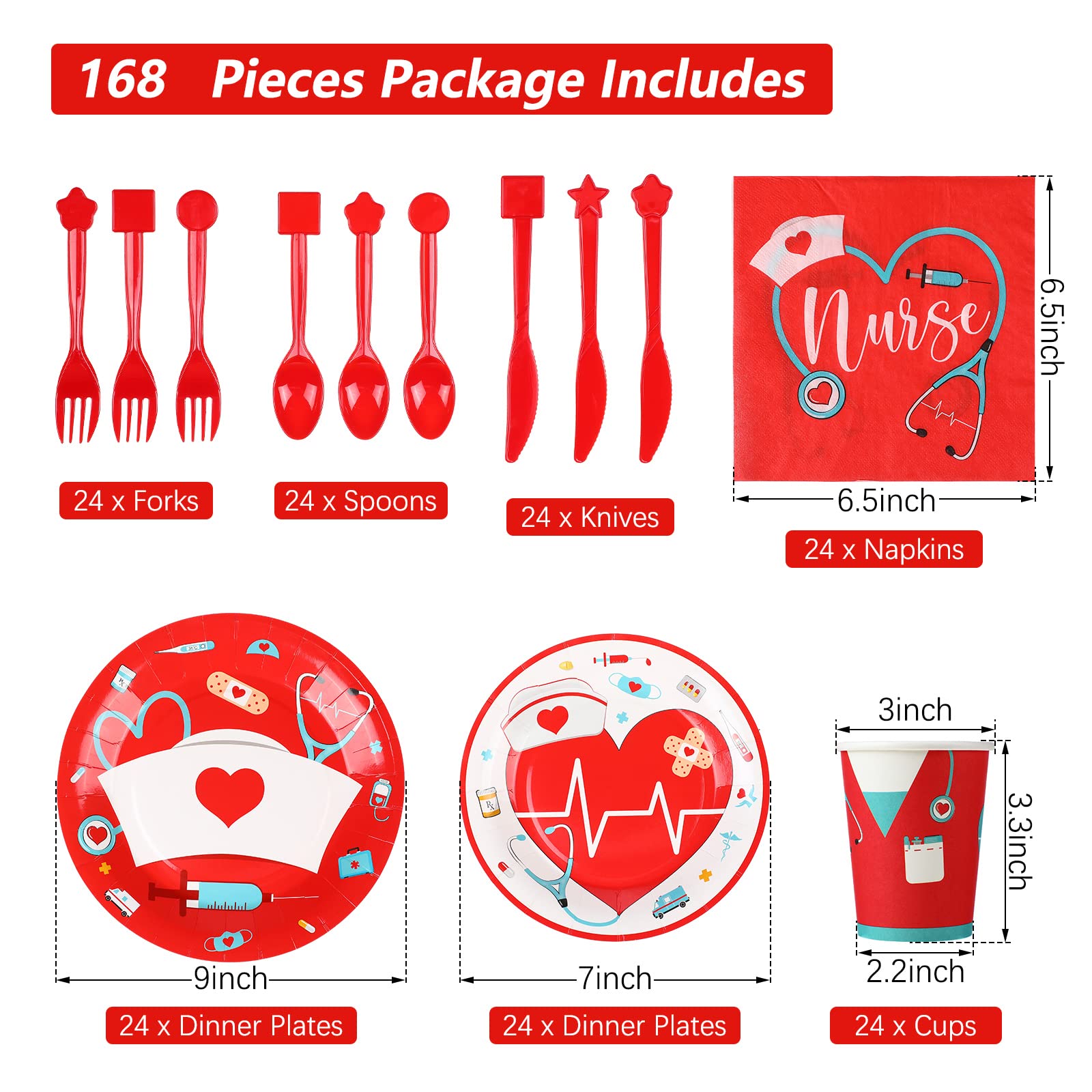 168 Pcs Nurse Graduation Party Decorations, Doctor Nurse Medical Birthday Party Tableware Set 24 Guests Dinner Dessert Plates Cups Napkins for Doctors Day Nursing School Office Party Supplies (Red)