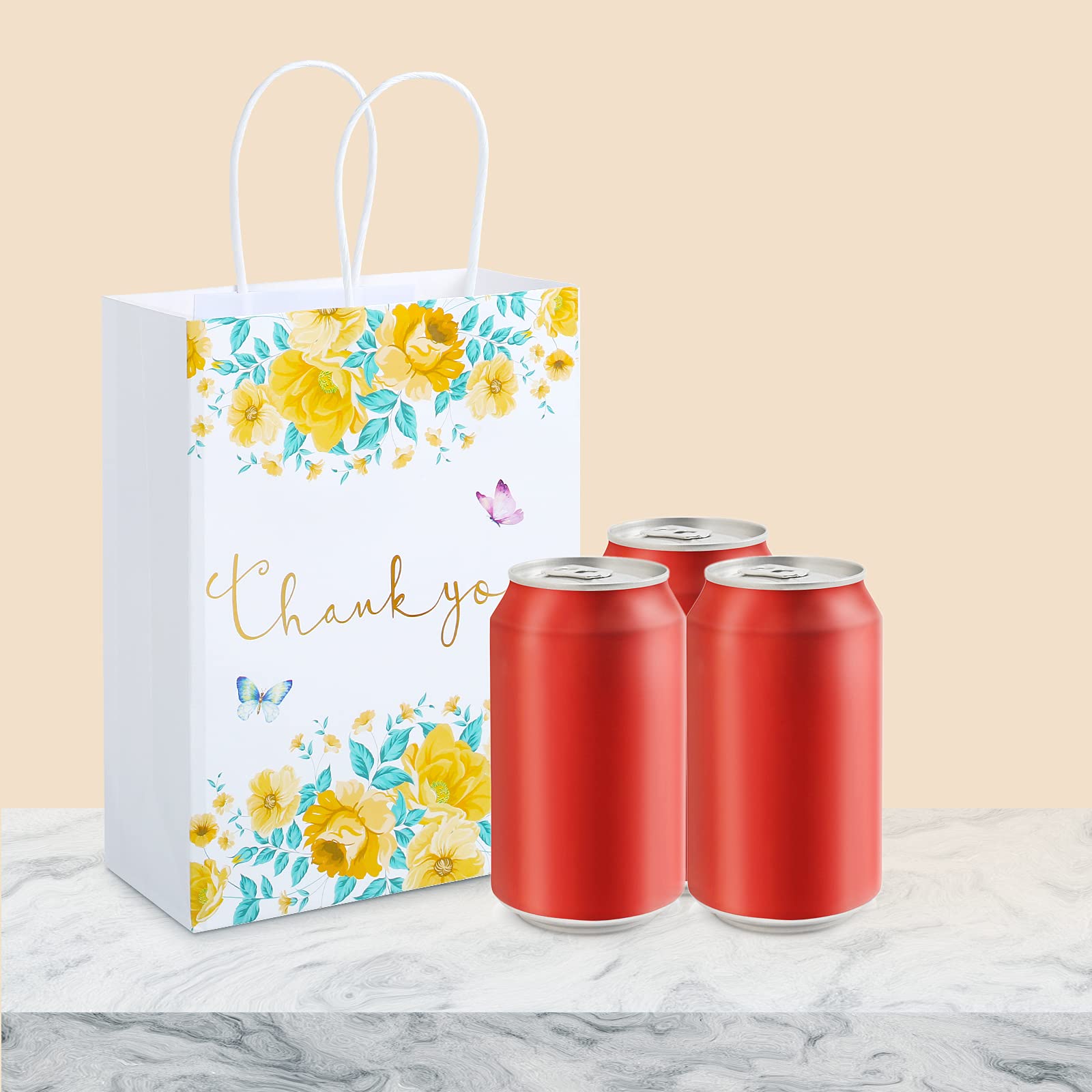 Thank You Gift Bags 24 Pack Floral Design Small Thank You Bags with Handles, 8.6" X 6.2" X 3" White Kraft Paper Bags Favor Bags Gift Bags for Small Business Wedding Bridal Shower Baby Shower