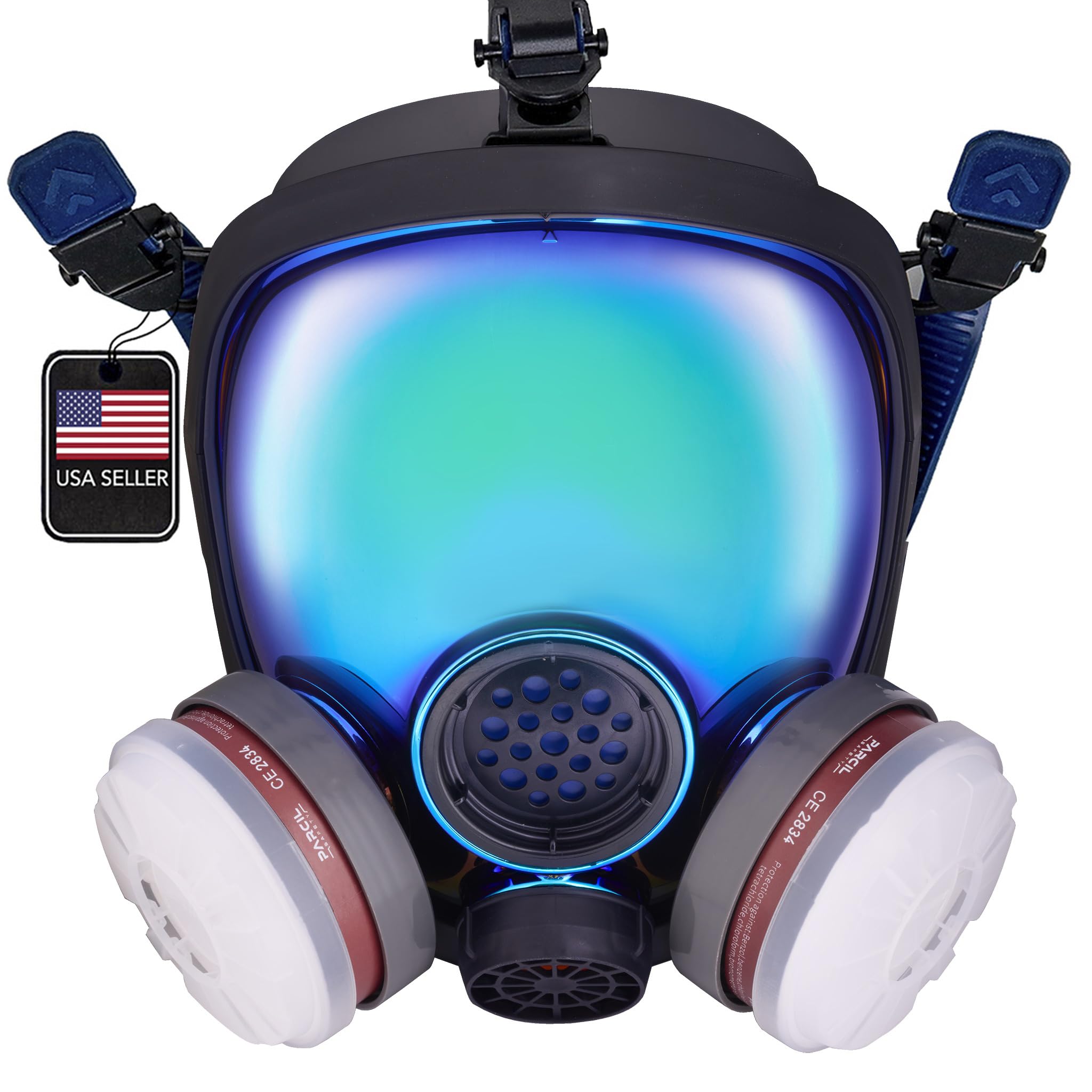 PD-100 Arctic Blue Mirrored Full Face Organic Vapor & Particulate Respirator - Dual Activated Charcoal Filtration - Full Face Eye Protection Mask