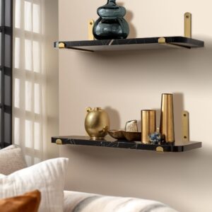 Godimerhea Floating Shelves for Wall Set of 2 Gold Black Floating Shelves Wall Mount Wood Storage Organzier Wall Shelf with Gold Brackets for Living Room Bedroom Bathroom Kitchen