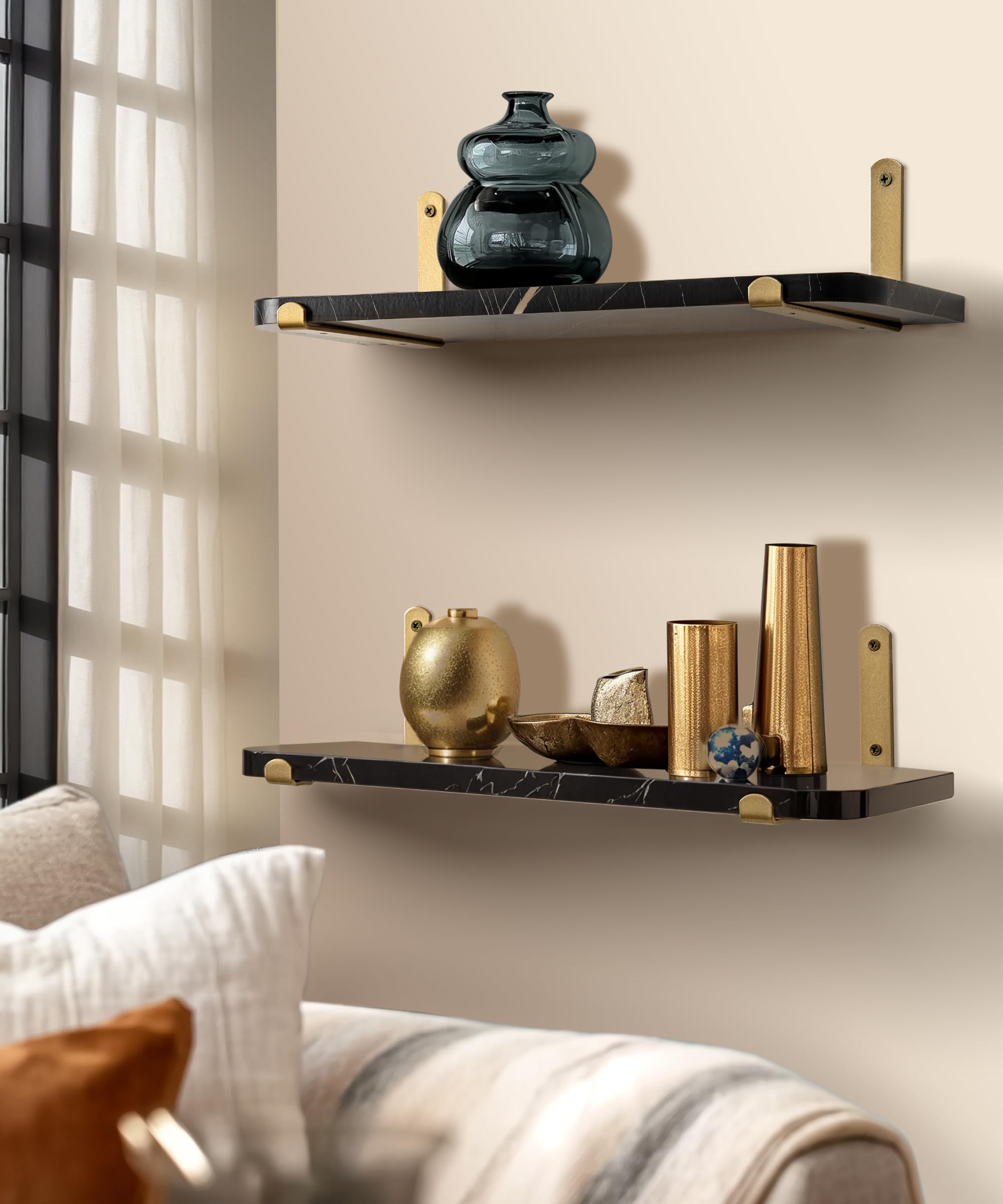 Godimerhea Floating Shelves for Wall Set of 2 Gold Black Floating Shelves Wall Mount Wood Storage Organzier Wall Shelf with Gold Brackets for Living Room Bedroom Bathroom Kitchen