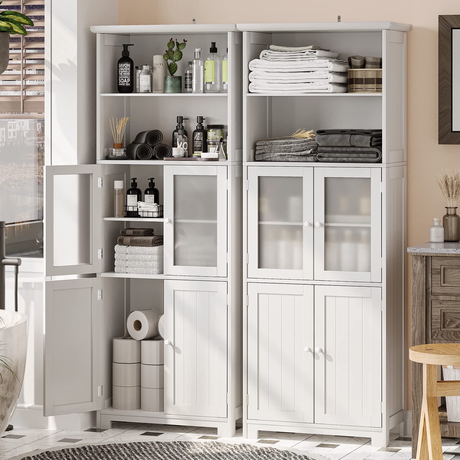 Tiptiper Bathroom Storage Cabinet, Tall Bathroom Cabinet with Adjustable Shelves and Glass Doors, for Bathroom, Kitchen, 11.2" D x 23.6" W x 64" H, White