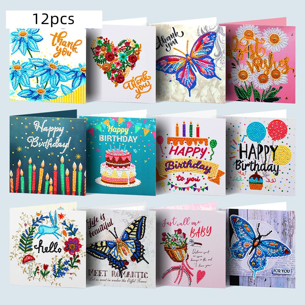 Gigicloud 12pcs 5D Rhinestone Painting Greeting Cards Kits, Handmade Festival Greeting Cards DIY Diamond Drawing Birthday Cards for Adults and Kids