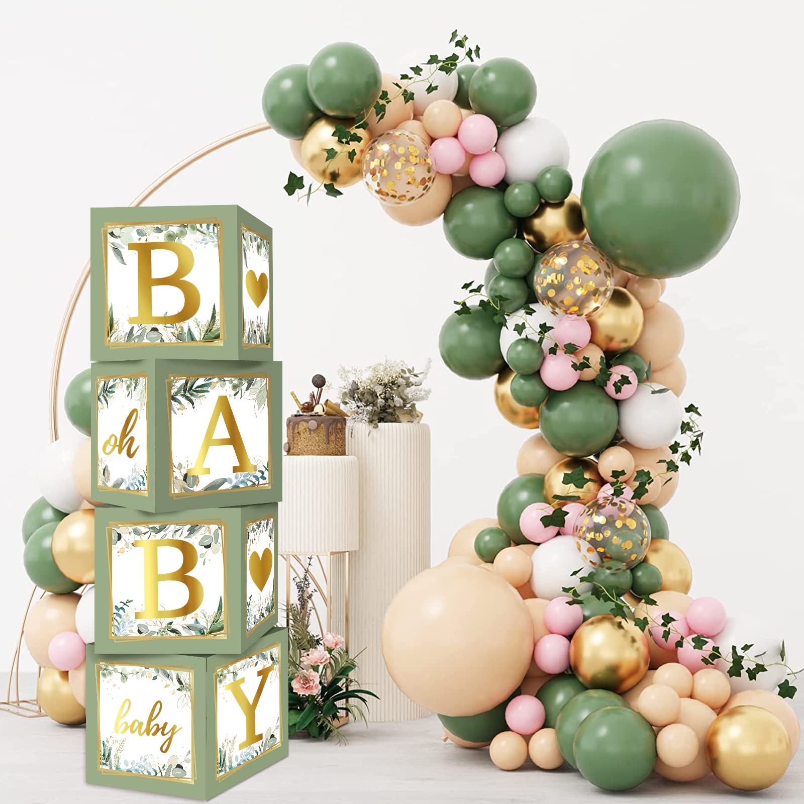 RUBFAC Sage Green Baby Boxes with Letters for Baby Shower, 4pcs Safari Baby Shower Decorations for Boy Girl Balloon Boxes Gender Reveal Baby Shower Birthday Party Favors