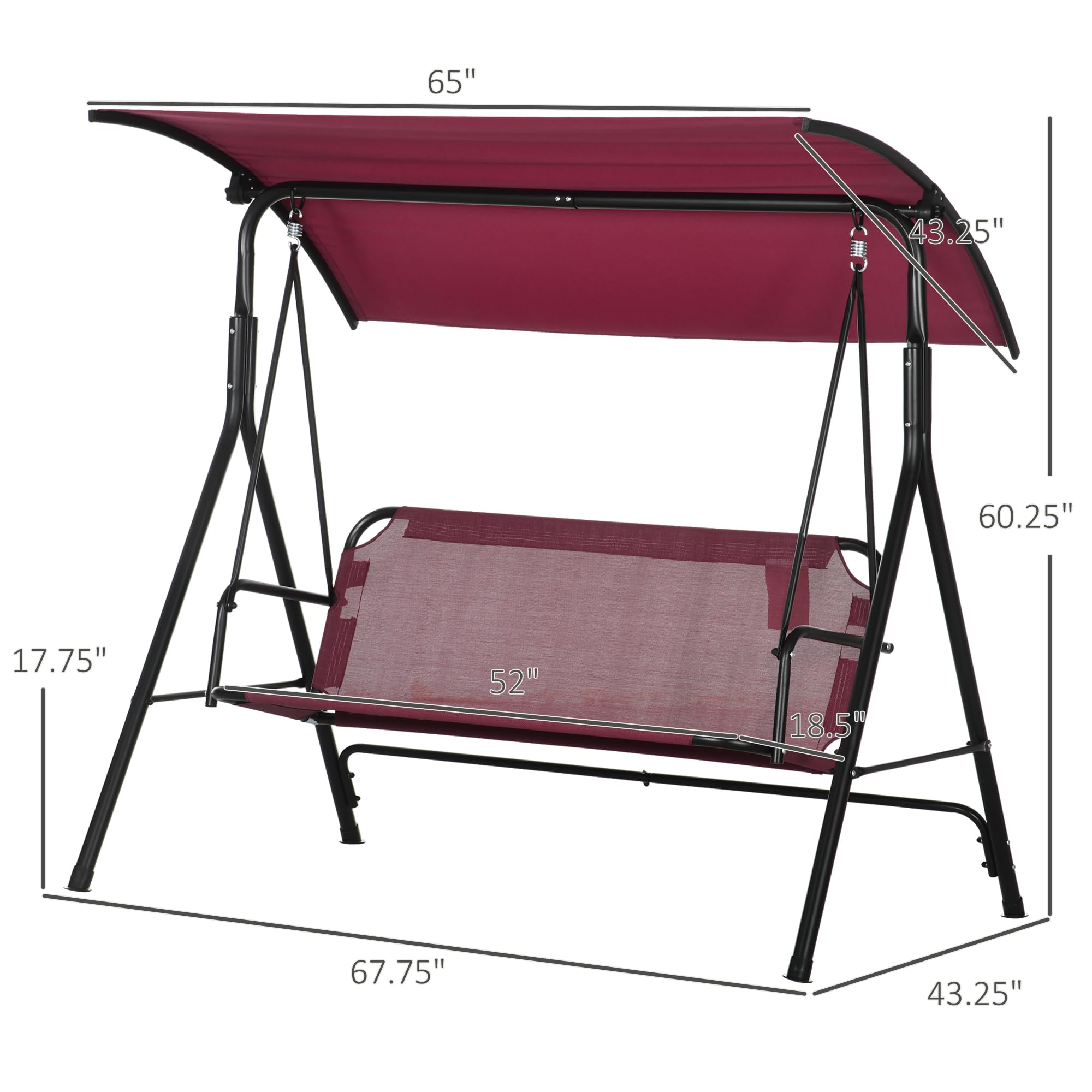 Outsunny 3-Person Porch Swing with Stand, Outdoor Swing for Patio Porch with Adjustable Tilt Canopy and Comfortable Swing Bench-Style Seat, Steel Frame, Wine Red