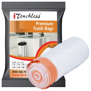 itouchless 40 count tall trash bags, fits 8 gallon garbage can, strong bathroom kitchen bin liners, for rubbish recycling compost in the home, office, clear