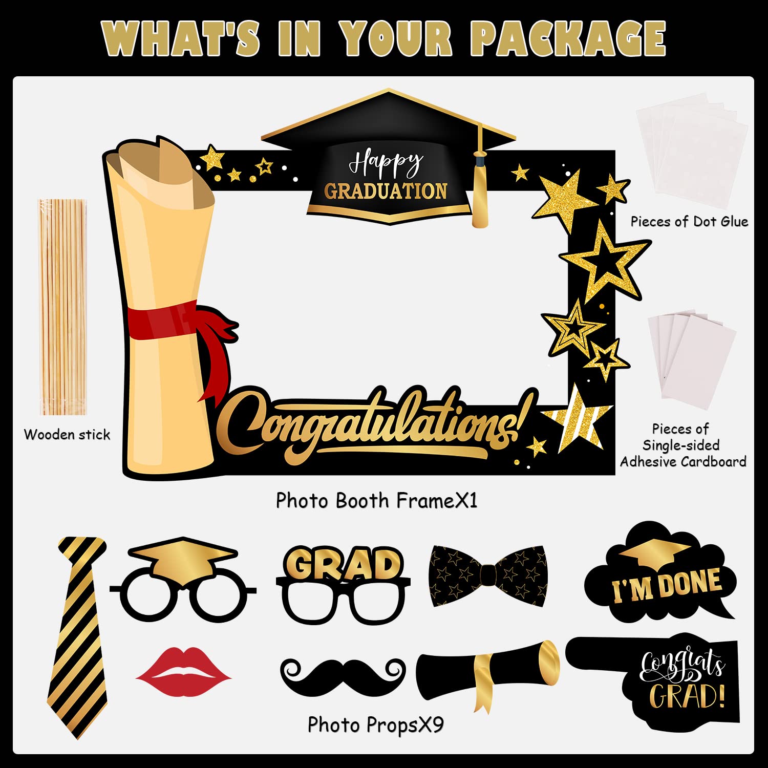 Black and Gold Graduation Decorations Class of 2025 Photo Booth Props Black Congratulations Graduation Frame and Photo Props for Graduation Party Supplies