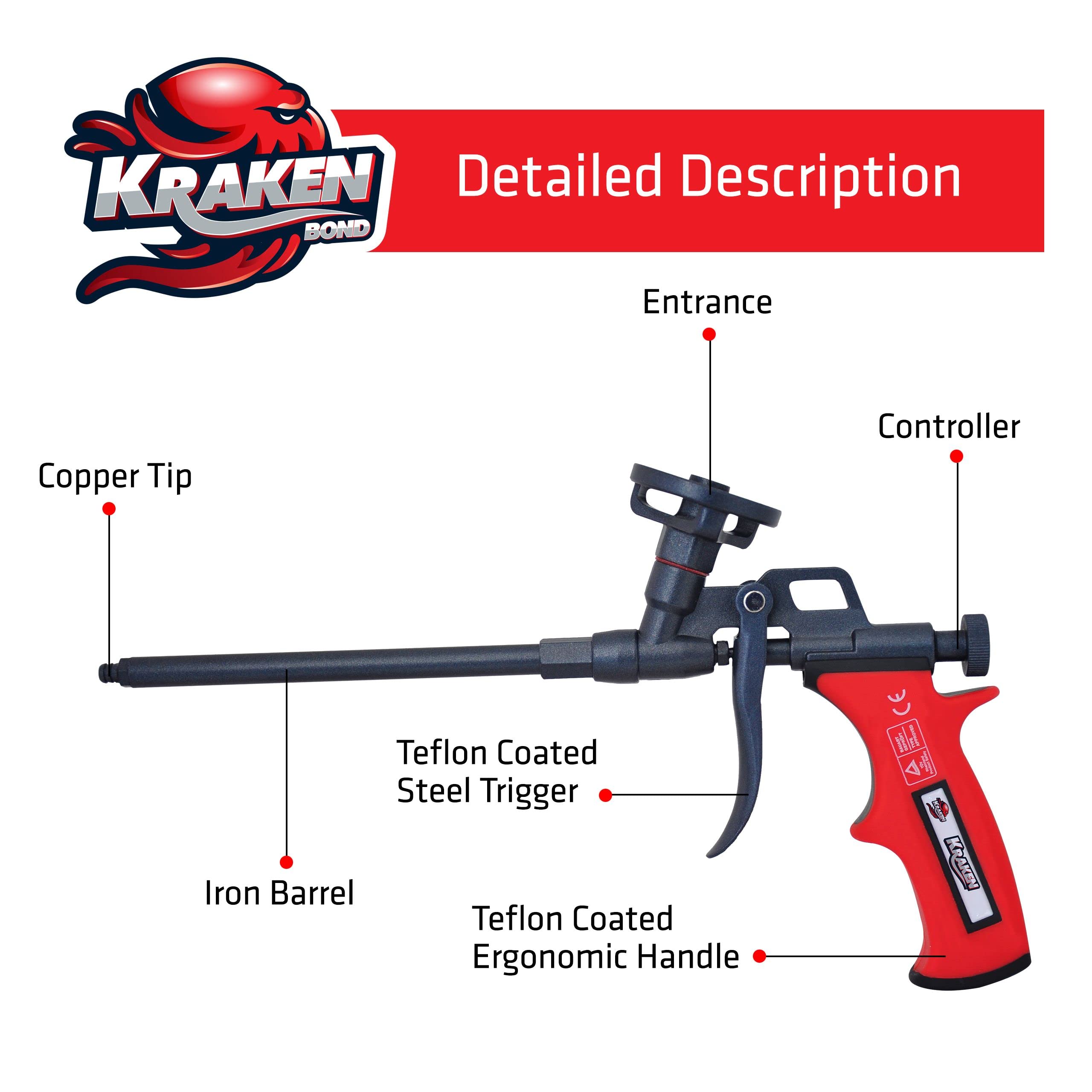 Kraken Bond PRO Spray Foam Gun - Professional Insulation for Window and Door Great Applicator for Caulking Sealing | Metal Body Covered Fully Teflon PTFE Nonstick | Foam&Cleaner NOT Included