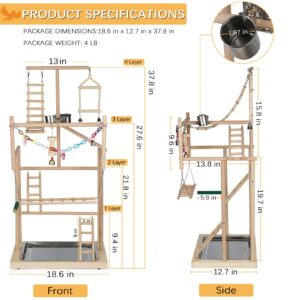 Ibnotuiy Pet Parrot Playstand Parrots Bird Playground Bird Play Stand Wood Perch Gym Playpen Ladder with Feeder Cups Bells for Cockatiel Parakeet (4 Layers)