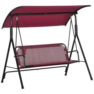 outsunny 3-person porch swing with stand, outdoor swing for patio porch with adjustable tilt canopy and comfortable swing bench-style seat, steel frame, wine red