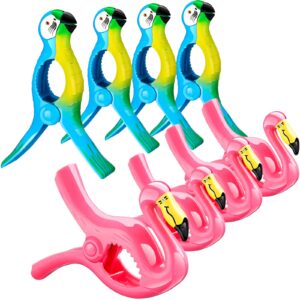 8 pcs beach towel clips for towels beach chairs flamingo parrot towel clips heavy duty towel holders portable towel clips jumbo size towel pin for pool beach cruise ship(pink, blue,flamingo, parrot)