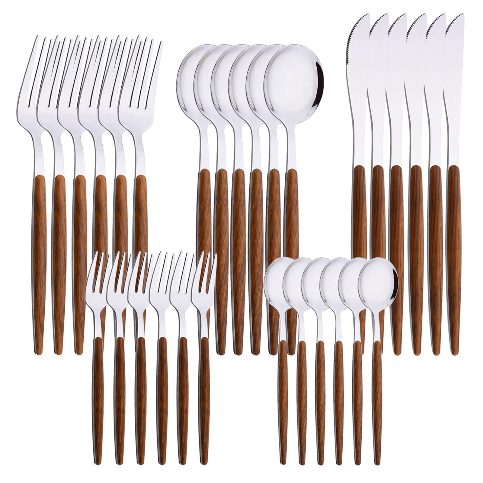 Uniturcky 30-Piece Stainless Steel Silverware Set, Silver Mirror Polished Flatware Cutlery Set for 6, Tableware Eating Utensils Set for Home Restaurant Wedding, Dishwasher Safe (Wooden Effect Handle)