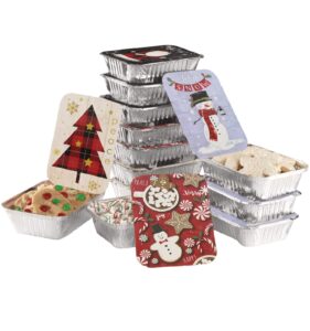 gia's kitchen aluminum pans with lids, set of 12 christmas tins - heavy duty foil pans with lids, ideal for leftovers, holiday cookie gifts - assorted traditional foil, rectangular (24 piece set)