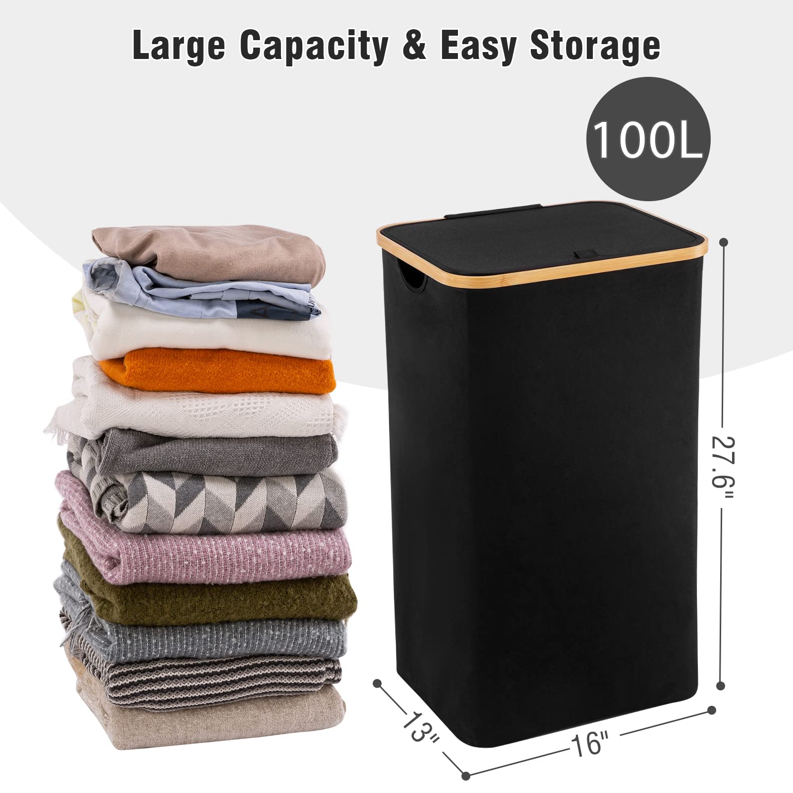 100L Large Laundry Basket with Lid by TECHMILLY, Tall Laundry Hamper with Bamboo Handles for Clothes and Toys Storage, Foldable Clothes Hamper for Bedroom, Dorm Room, Bathroom, Black