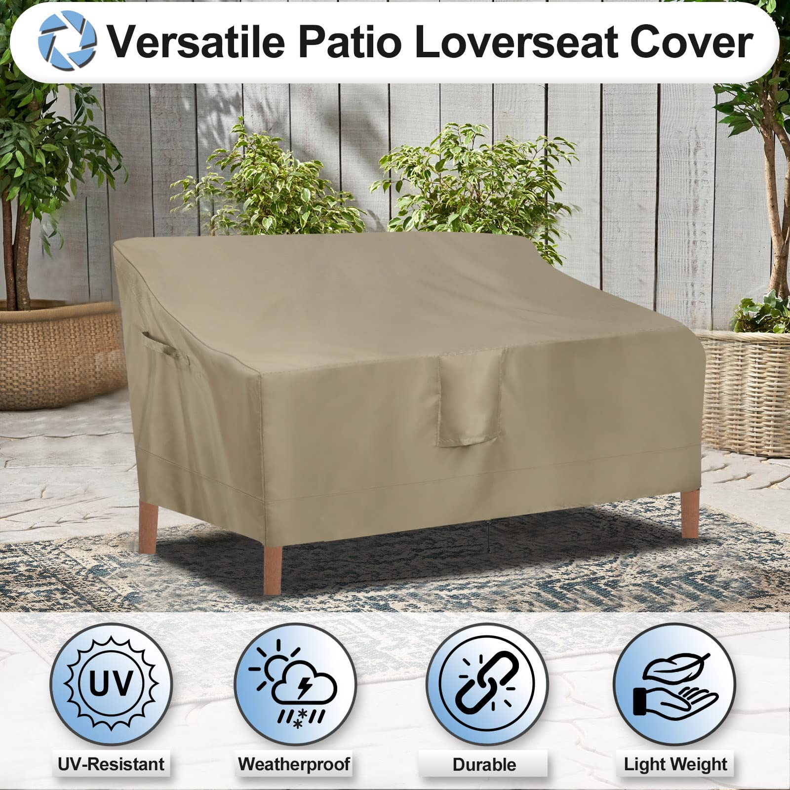 OutdoorLines Outdoor Waterproof Patio Loveseat Couch Cover - UV Resistant Patio Sofa Furniture Covers Weatherproof Heavy Duty Glider Covers for Outdoor Furniture, 58Wx32.5Dx31H Inches, Camel