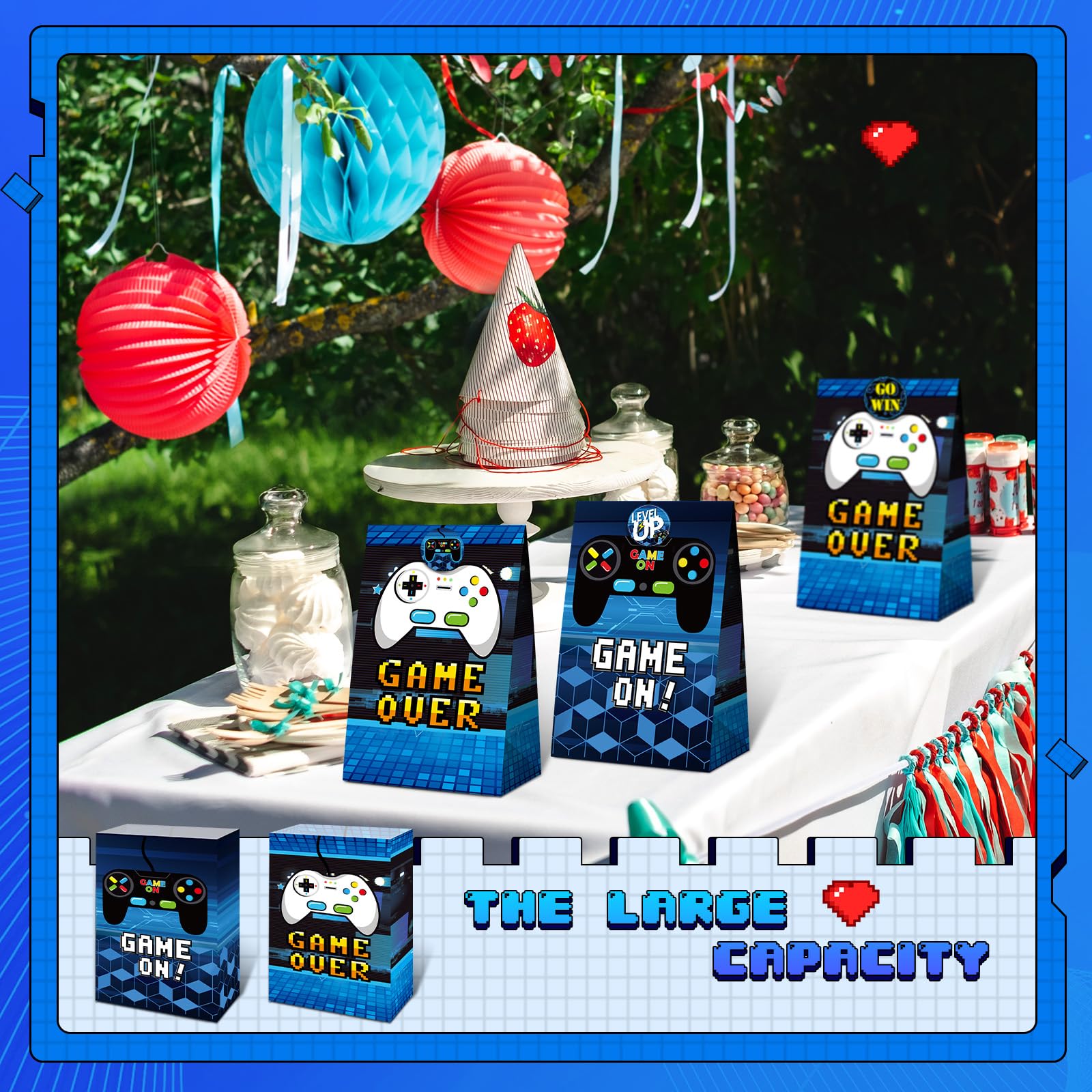 24 Pcs Game Gift Bag Video Game Party Supplies Gamer Party Favor Bags Gaming Theme Goodie Bags Candy Treat Bags with 30 Pcs Stickers for Themed Birthday Party Decorations