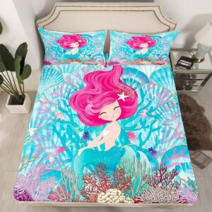 Mermaid Sheet Set Twin,Seaweed Coral Fish Scales Bedding Set for Kids Teens Girls,Underwater Marine Life Sea Blue Dreamy Bed Sheet Set 3pcs with Deep Pocket Fitted Sheet + Flat Sheet + 1 Pillowcase