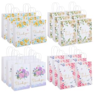 thank you gift bags 24 pack floral design small thank you bags with handles, 8.6" x 6.2" x 3" white kraft paper bags favor bags gift bags for small business wedding bridal shower baby shower