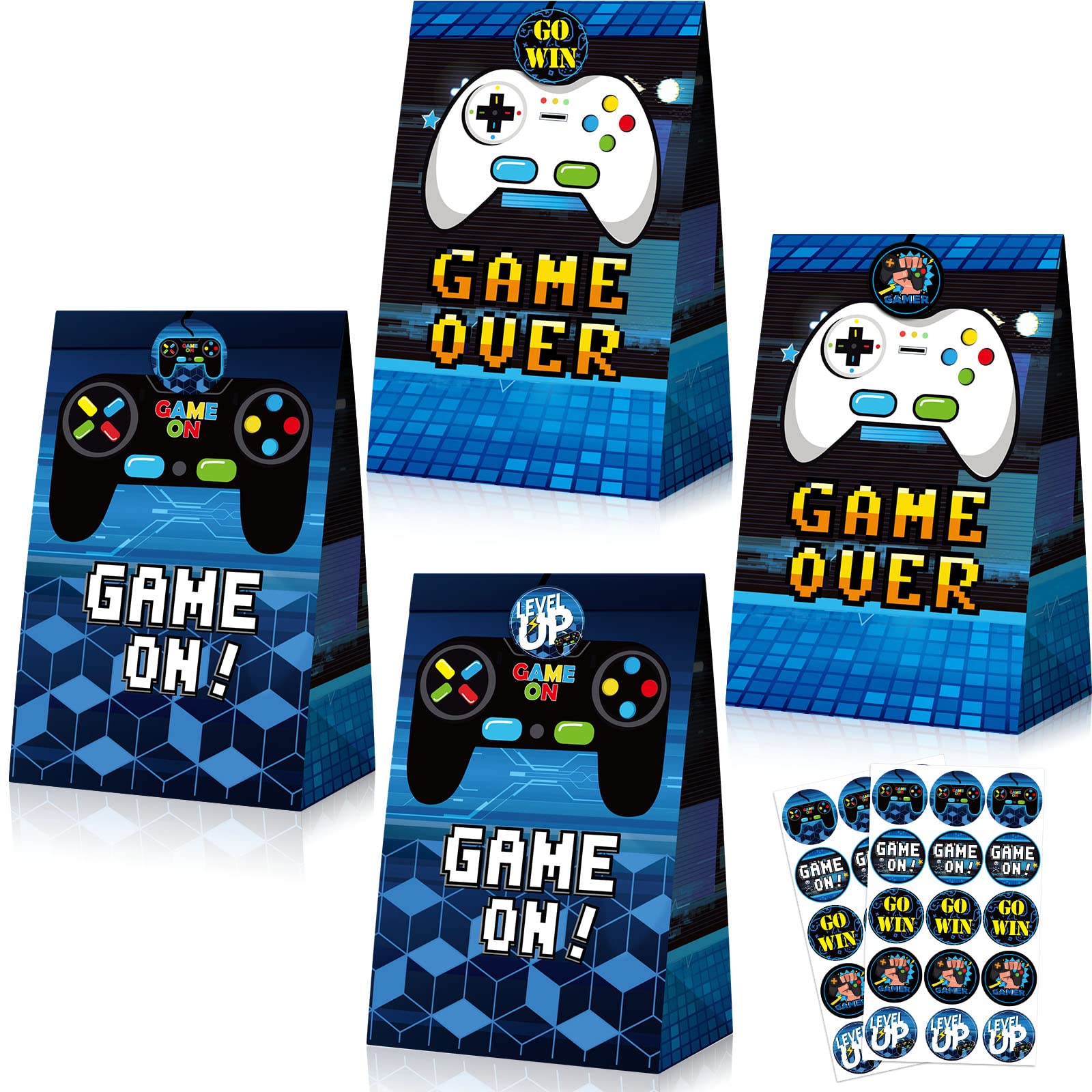 24 Pcs Game Gift Bag Video Game Party Supplies Gamer Party Favor Bags Gaming Theme Goodie Bags Candy Treat Bags with 30 Pcs Stickers for Themed Birthday Party Decorations