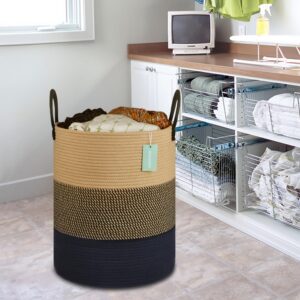 BOSROTY Nursery Hamper, Large Blanket Basket, Tall Laundry Basket 65L, Laundry Hamper, Clothes Basket Laundry, Large Storage Basket, Cotton Rope Basket, Toy Basket, 16”x 20”, Brown & Black