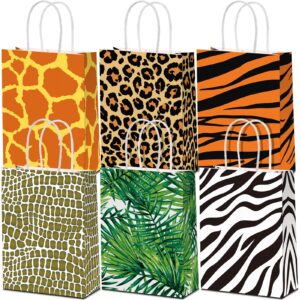 24 pieces animal print gift bags safari jungle party favor bag with handle, paper zoo wildlife goodie treat bags leopard tiger zebra giraffe pattern for animal themed baby shower birthday supplies