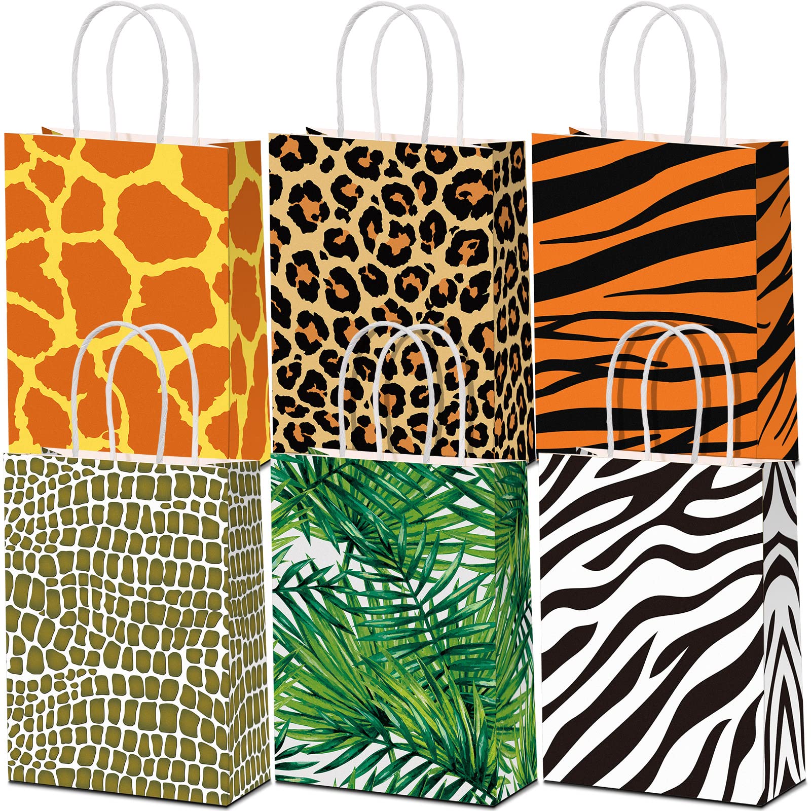 24 Pieces Animal Print Gift Bags Safari Jungle Party Favor Bag with Handle, Paper Zoo Wildlife Goodie Treat Bags Leopard Tiger Zebra Giraffe Pattern for Animal Themed Baby Shower Birthday Supplies