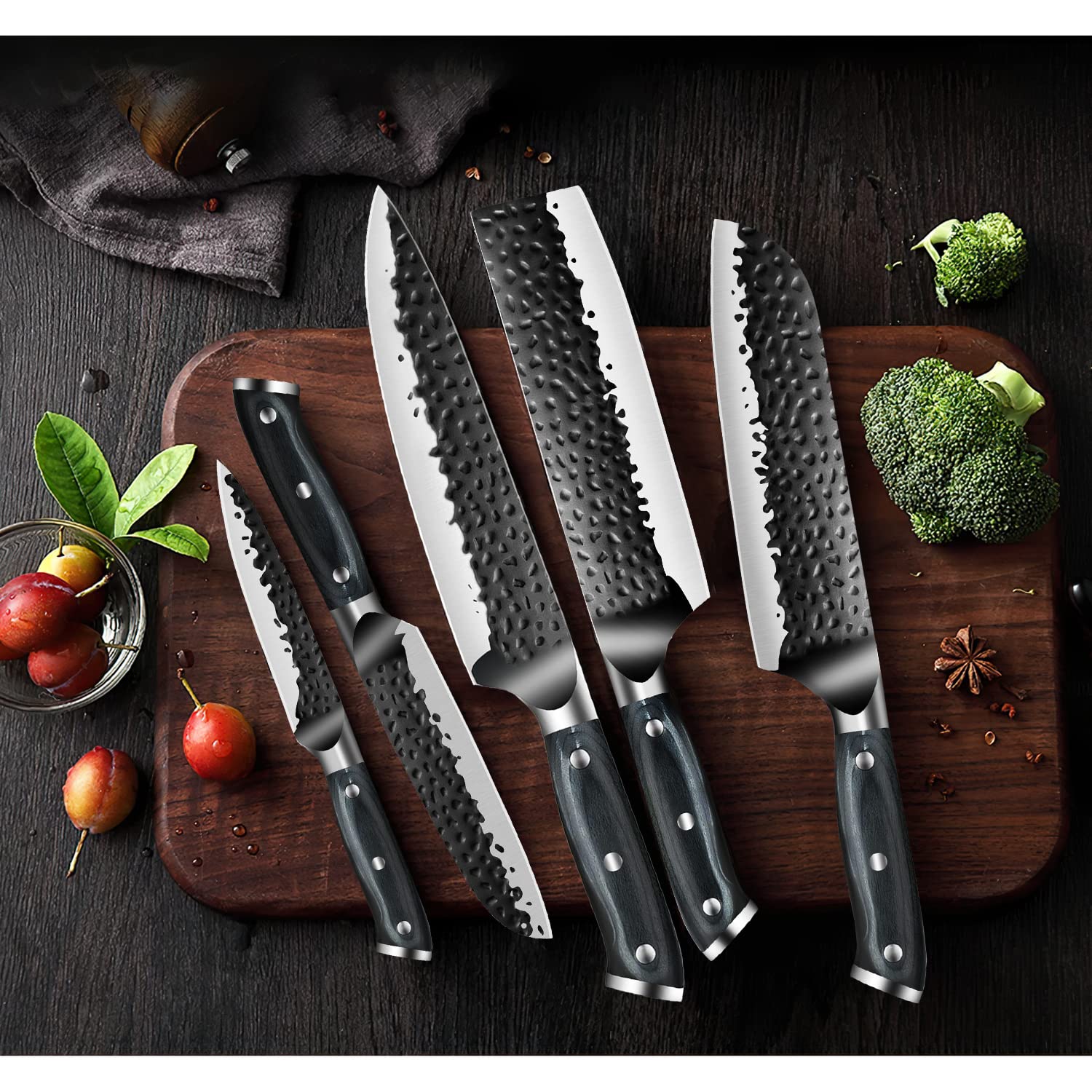 Dfito 5 Pieces Chef Knife Set, Hand Forged Japanese Knife Set with Gift Box, Ultra Sharp Professional Knife Set, High Carbon Stainless Steel with Pakkawood Handle for Home Kitchen Restaurant