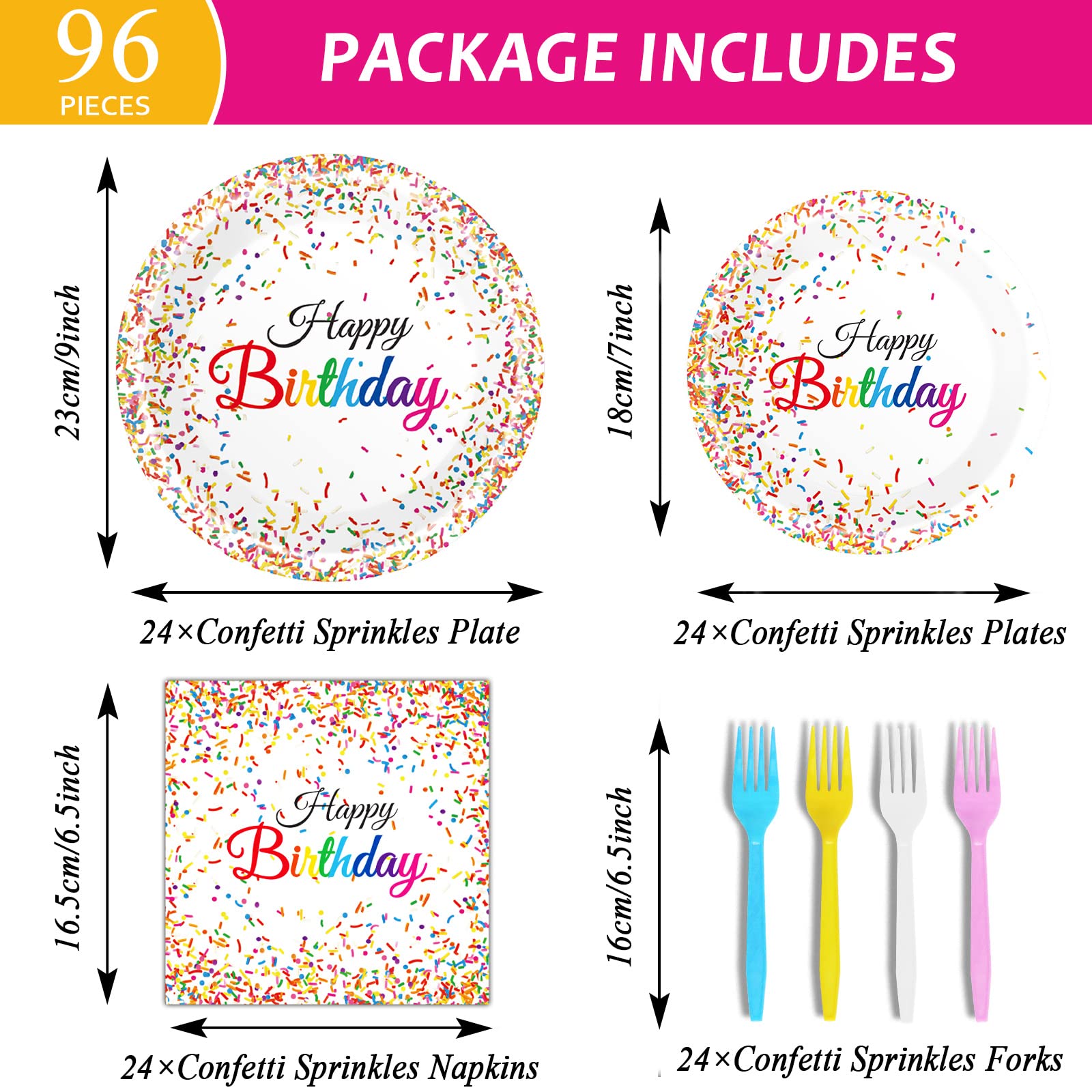 96 Pieces Happy Birthday Plates and Napkins Party Supplies for Confetti Sprinkles Theme Table Decorations Pastel Birthday Party Tableware Donut Paper Plates Napkins Forks Favors for 24 Guests.